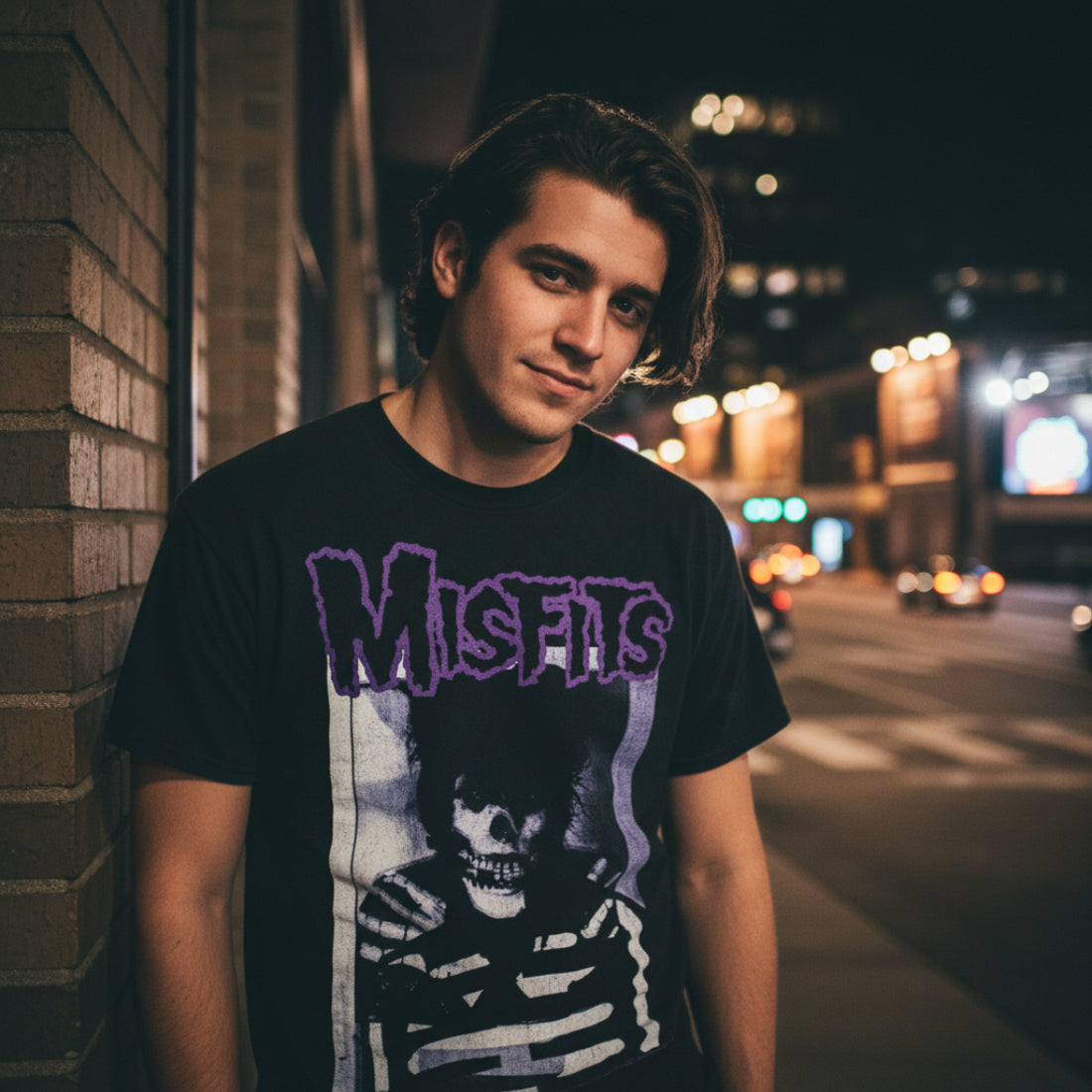 MAN WEARING Black t-shirt with skeleton graphic and 'Misfits' text  MSF509S, MSF509M, MSF509L, MSF509XL, MSF509XXL, MSF509XXXL, MSF509XXXXL, MSF509XXXXXL