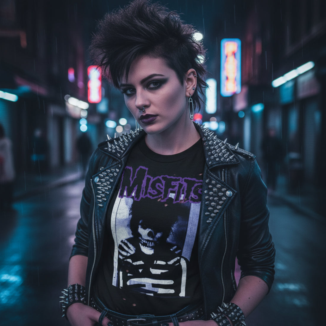 WOMAN WEARING Black t-shirt with skeleton graphic and 'Misfits' text  MSF509S, MSF509M, MSF509L, MSF509XL, MSF509XXL, MSF509XXXL, MSF509XXXXL, MSF509XXXXXL