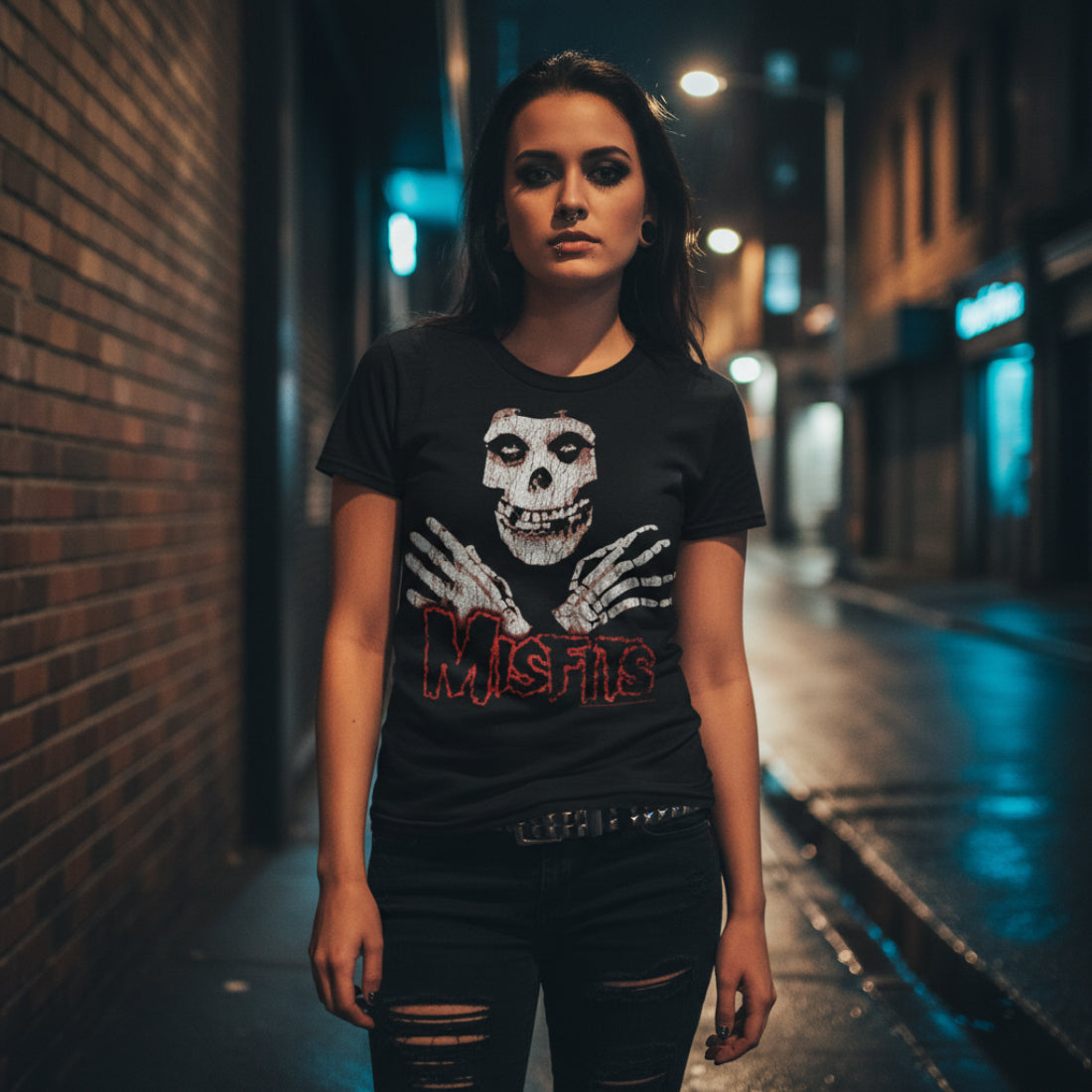 woman wearing Black t-shirt with a skeleton design and 'Misfits' text MSF513S, MSF513M, MSF513L, MSF513XL, MSF513XXL, MSF513XXXL, MSF513XXXXL, MSF513XXXXXL