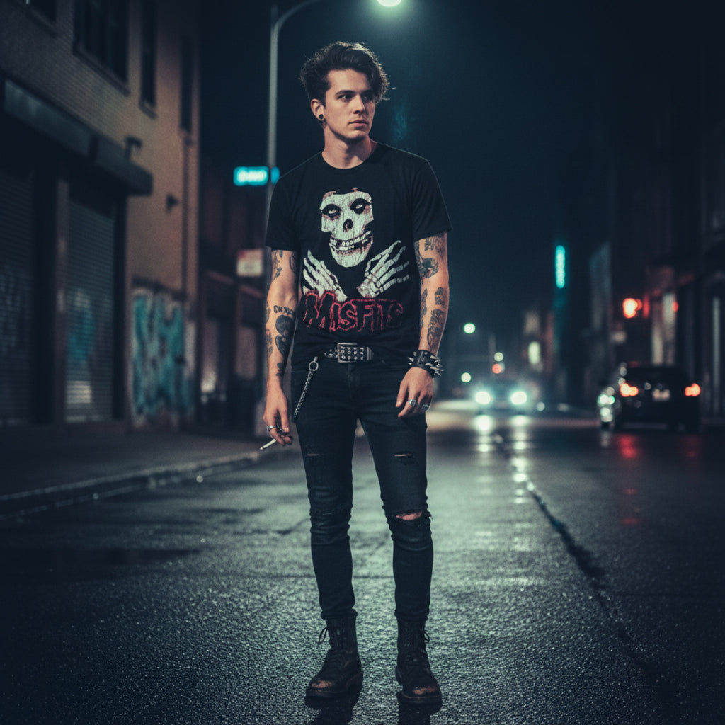 man wearing Black t-shirt with a skeleton design and 'Misfits' text MSF513S, MSF513M, MSF513L, MSF513XL, MSF513XXL, MSF513XXXL, MSF513XXXXL, MSF513XXXXXL