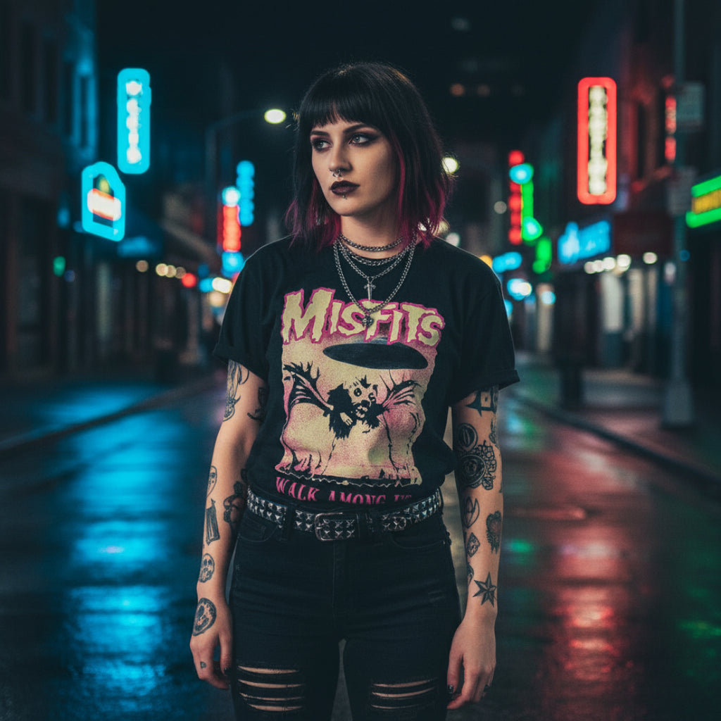 WOMAN WEARING MISFITS WALK AMONG US TEE MSF520S, MSF520M, MSF520L, MSF520XL, MSF520XXL, MSF520XXXL, MSF520XXXXL, MSF520XXXXXL