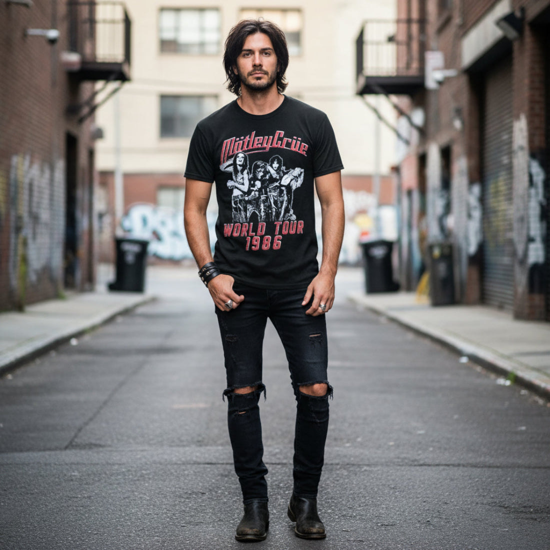 Man wearing Black t-shirt with 'Motley Crue World Tour 1986' MCRU509S, MCRU509M, MCRU509L, MCRU509XL, MCRU509XXL, MCRU509XXXL, MCRU509XXXXL, MCRU509XXXXXL