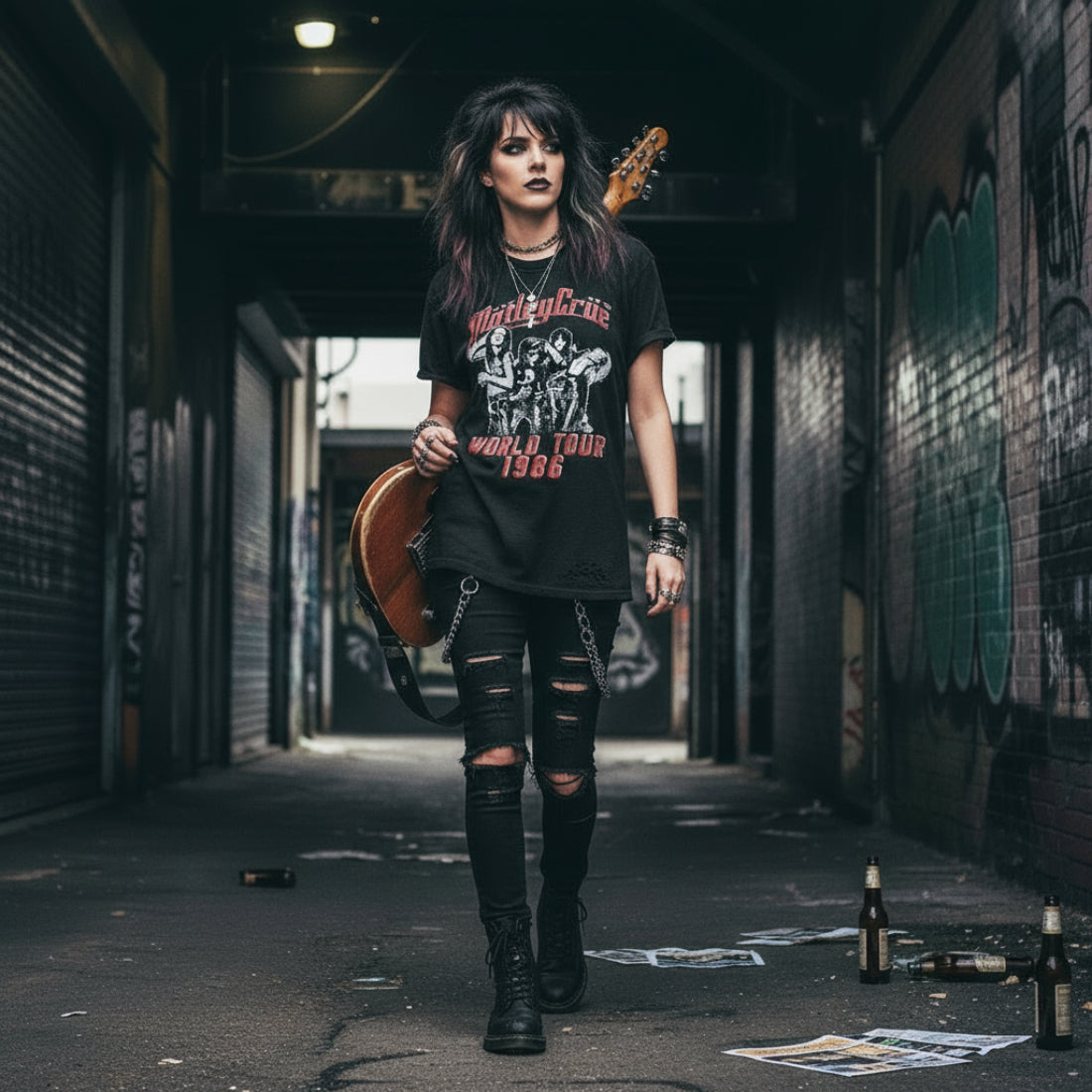 Woman wearing Black t-shirt with 'Motley Crue World Tour 1986' design MCRU509S, MCRU509M, MCRU509L, MCRU509XL, MCRU509XXL, MCRU509XXXL, MCRU509XXXXL, MCRU509XXXXXL