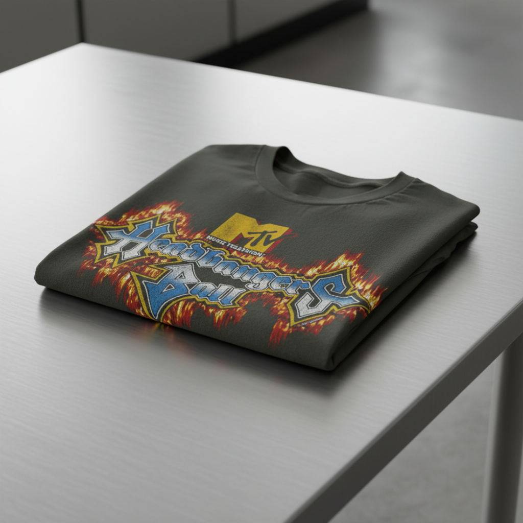 Black Headbangers Ball tee folded on a table, MTV512S, MTV512M, MTV512L, MTV512XL, MTV512XXL