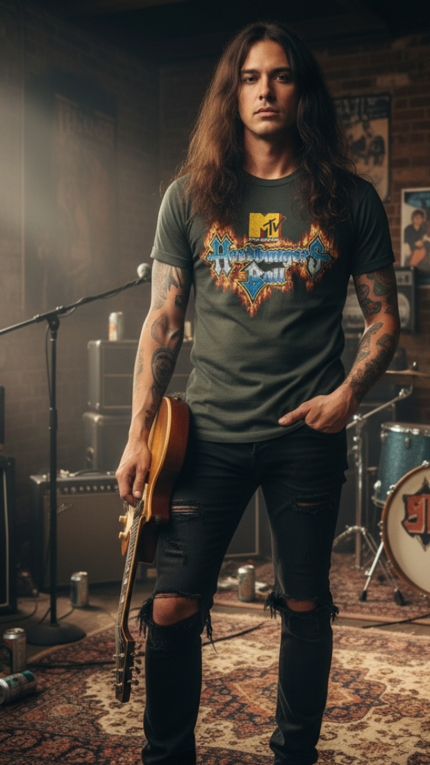 man wearing Headbangers Ball shirt, MTV512S, MTV512M, MTV512L, MTV512XL, MTV512XXL