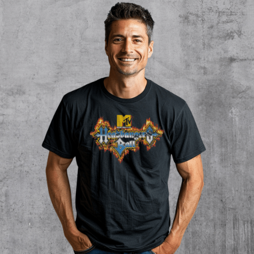 Man wearing MTV Headbangers Ball Fire Logo T-Shirt MTV512S, MTV512M, MTV512L, MTV512XL, MTV512XXL