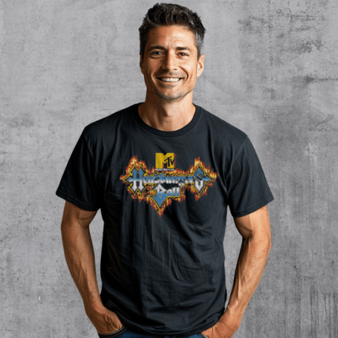 Man wearing MTV Headbangers Ball Fire Logo T-Shirt MTV512S, MTV512M, MTV512L, MTV512XL, MTV512XXL