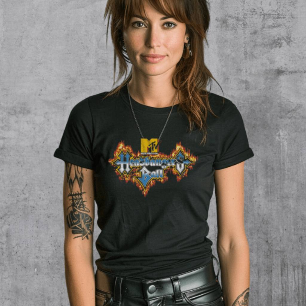 Woman wearing MTV Headbangers Ball Fire Logo T-Shirt MTV512S, MTV512M, MTV512L, MTV512XL, MTV512XXL