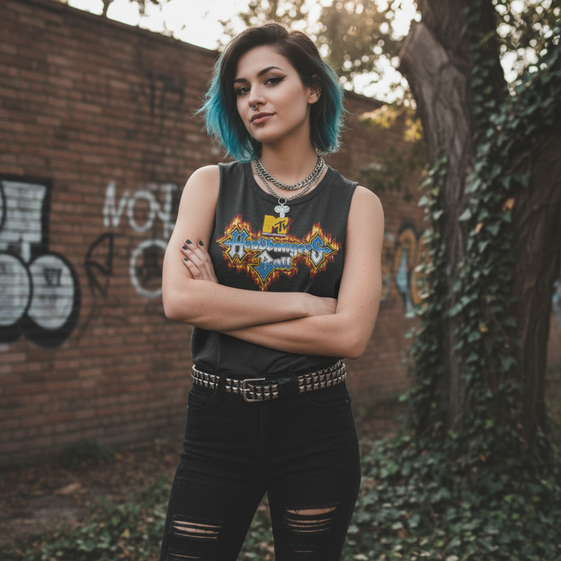 WOMAN WEARING MTV HEADBANGERS BALL TANK TOP MTV512-329S, MTV512-329M, MTV512-329L, MTV512-329XL, MTV512-329XXL