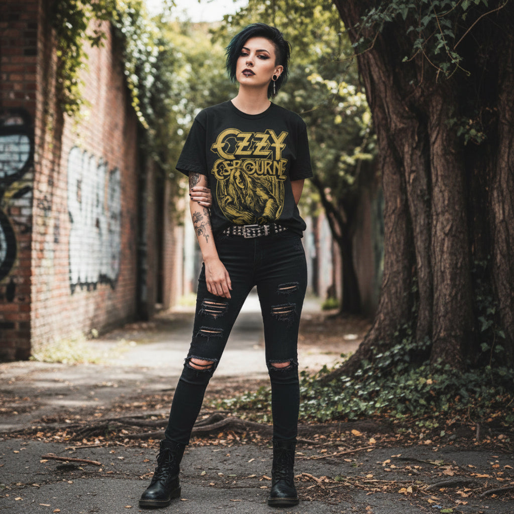 WOMAN WEARING OZZY BARK AT THE MOON TEE OZZY518S, OZZY518M, OZZY518L, OZZY518XL, OZZY518XXL, OZZY518XXXL, OZZY518XXXXL, OZZY518XXXXXL