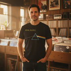 Man wearing Black t-shirt with Pink Floyd logo featuring a triangle and rainbow PF508S, PF508M, PF508L, PF508XL, PF508XXL, PF508XXXLL, PF508XXXXL, PF508XXXXXL