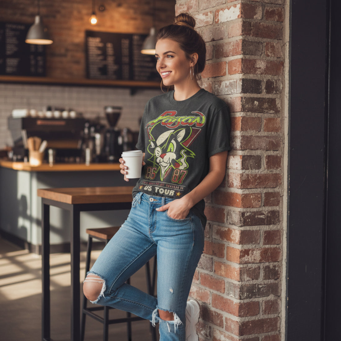 woman wearing Poison 86 Tour shirt. POI551S, POI551M, POI551L, POI551XL, POI551XXL