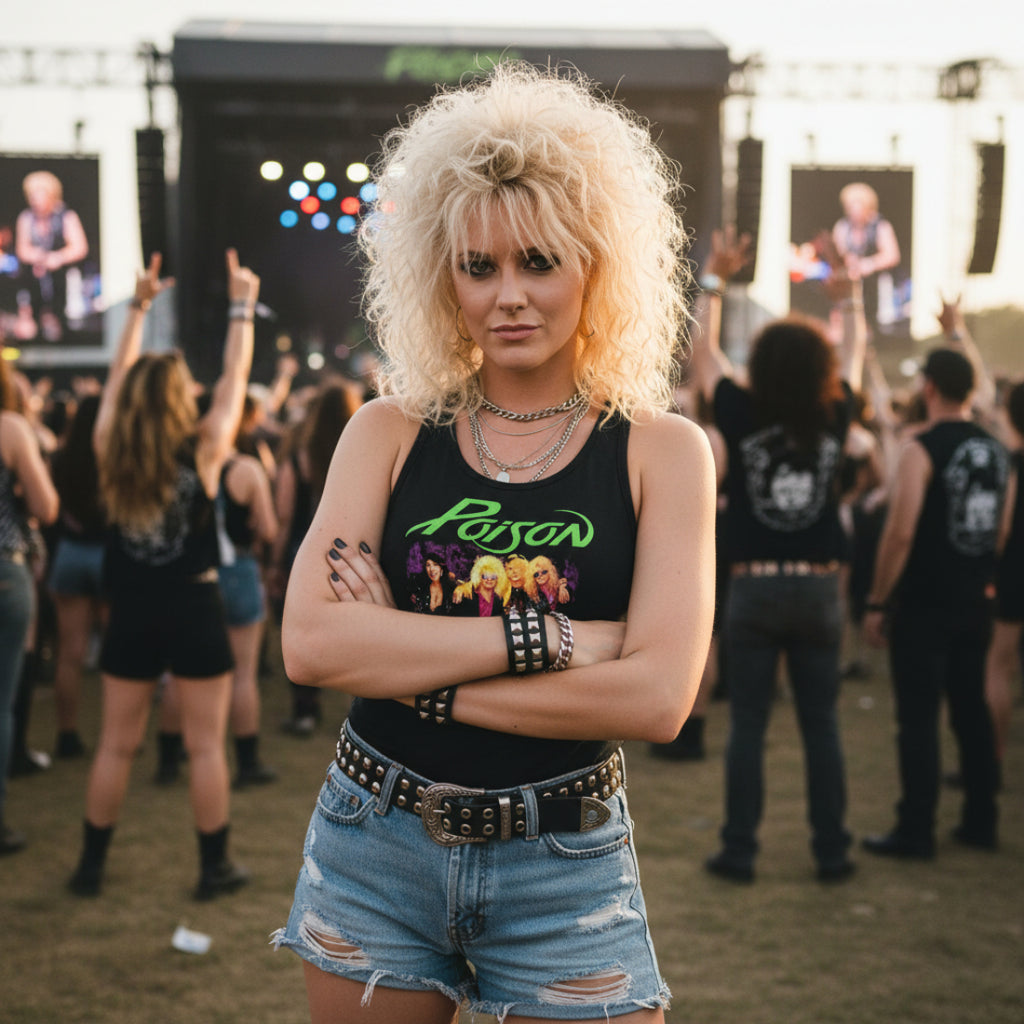 WOMAN WEARING Black tank top with 'Poison' band graphic and text POI504_316S, POI504_316M, POI504_316L, POI504_316XL, POI504_316XXL