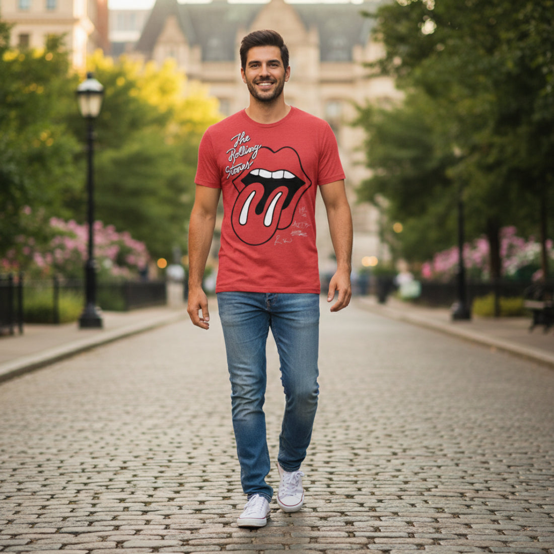 MAN WEARING Red t-shirt with Rolling Stones logo TRS506S TRS506M, TRS506L, TRS506XL, TRS506XXL, TRS506XXXL, TRS506XXXXL, TRS506XXXXXL