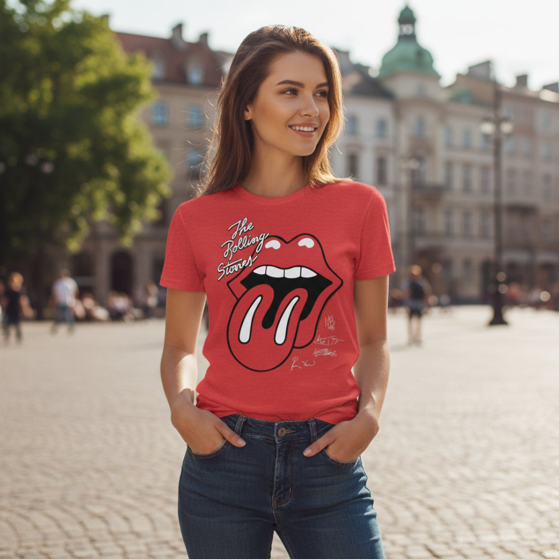 WOMAN WEARING Red t-shirt with Rolling Stones logo TRS506S TRS506M, TRS506L, TRS506XL, TRS506XXL, TRS506XXXL, TRS506XXXXL, TRS506XXXXXL