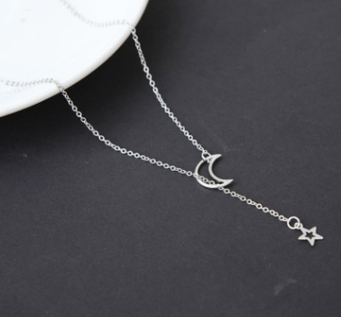 Silver Simple Moon Star Necklace Clavicle Chain Short Necklace CJZBLXLX02215-Silver