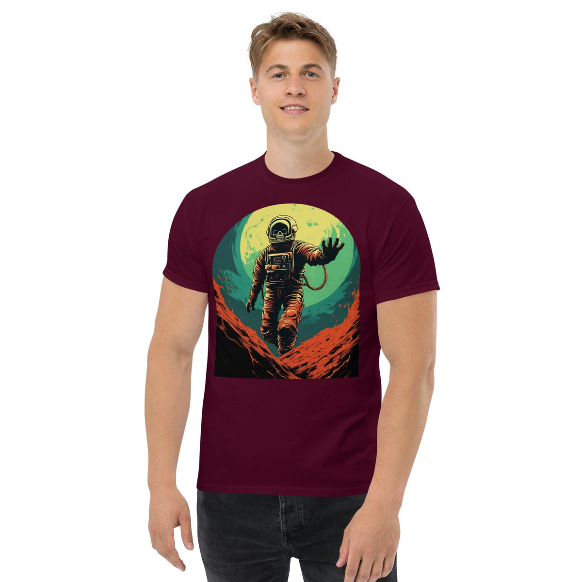 Maroon / S Skeleton Astronaut 50s Retro Sci Fi Horror T-Shirt