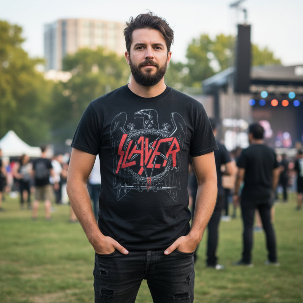 Man wearing Black t-shirt with Slayer logo MM-SYR-06S, MM-SYR-06M, MM-SYR-06L, MM-SYR-06X, MM-SYR-06XX