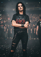 Girl wearing Black t-shirt with Slayer logo MM-SYR-06S, MM-SYR-06M, MM-SYR-06L, MM-SYR-06X, MM-SYR-06XX