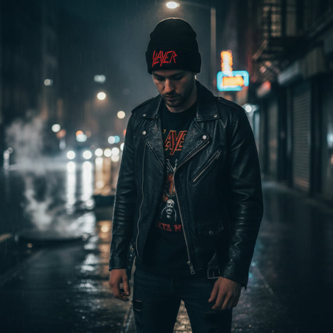 Black beanie with red 'Slayer' logo on a white background