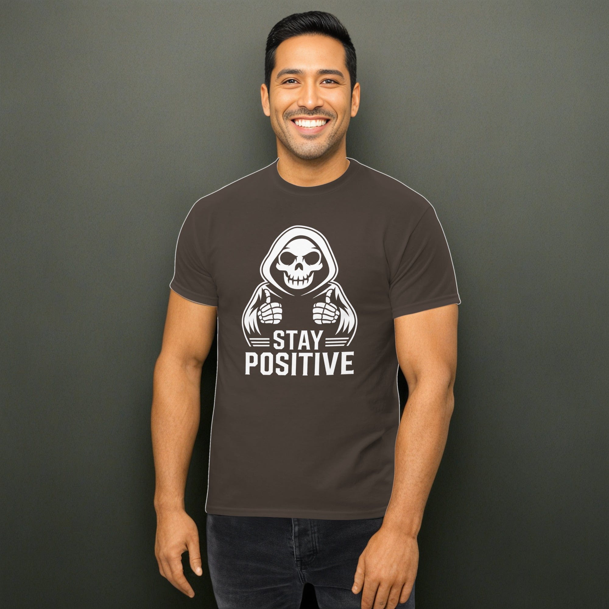 Dark Chocolate / S Stay Postive Grim Reaper Funny Goth Unisex T-Shirt 2670354_15837