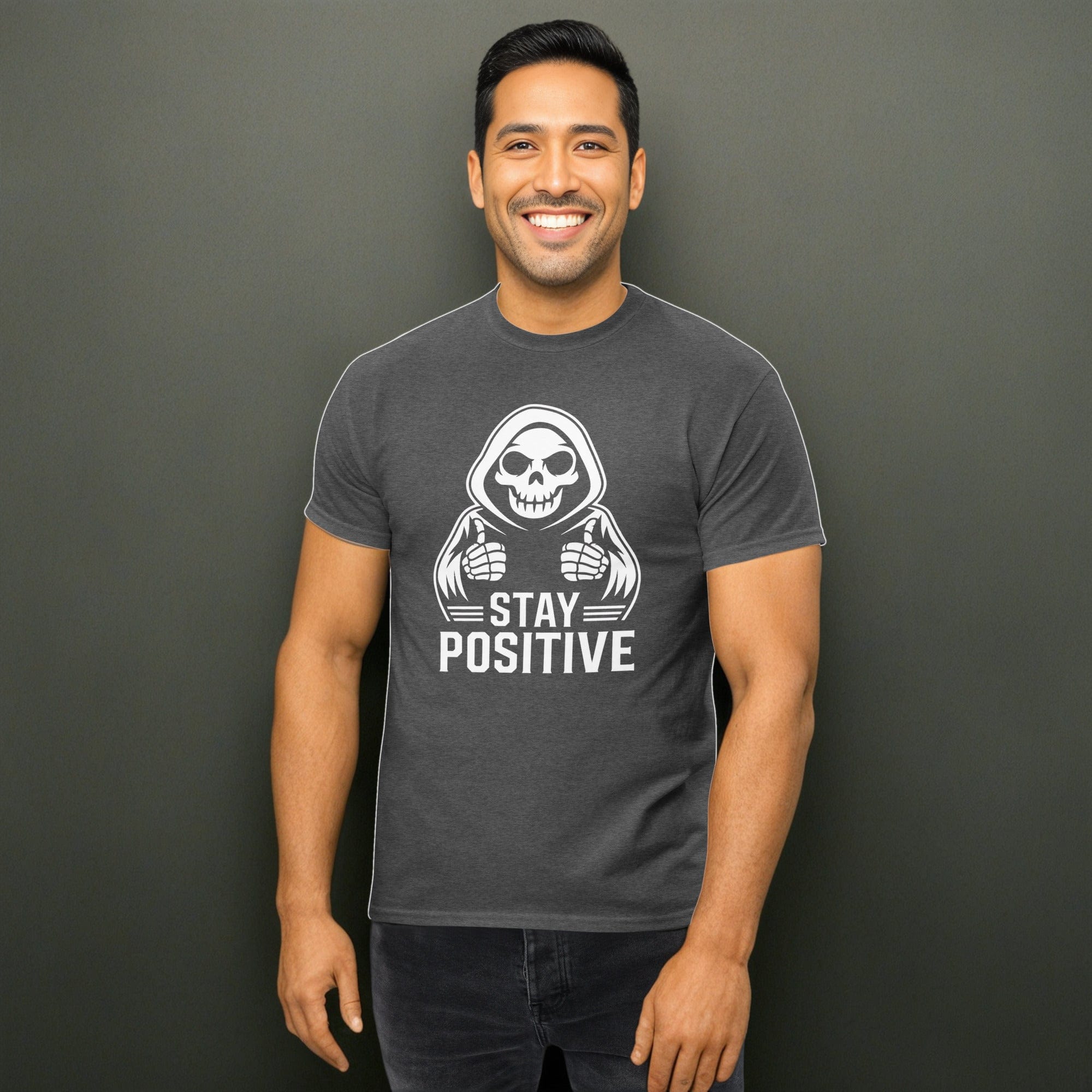 Dark Heather / S Stay Postive Grim Reaper Funny Goth Unisex T-Shirt 2670354_15843