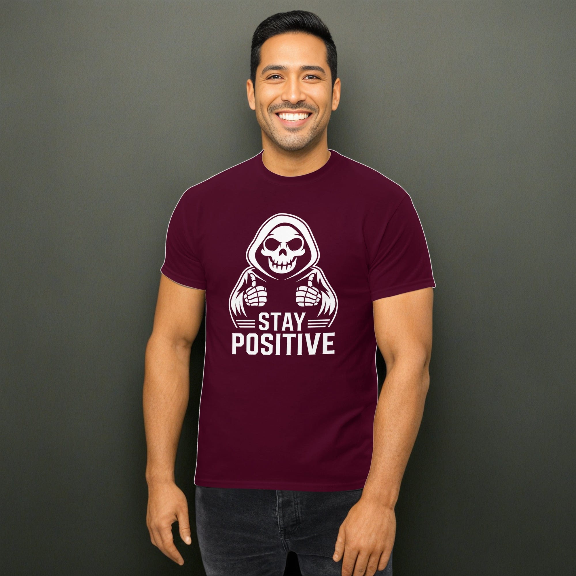 Maroon / S Stay Postive Grim Reaper Funny Goth Unisex T-Shirt 2670354_12634
