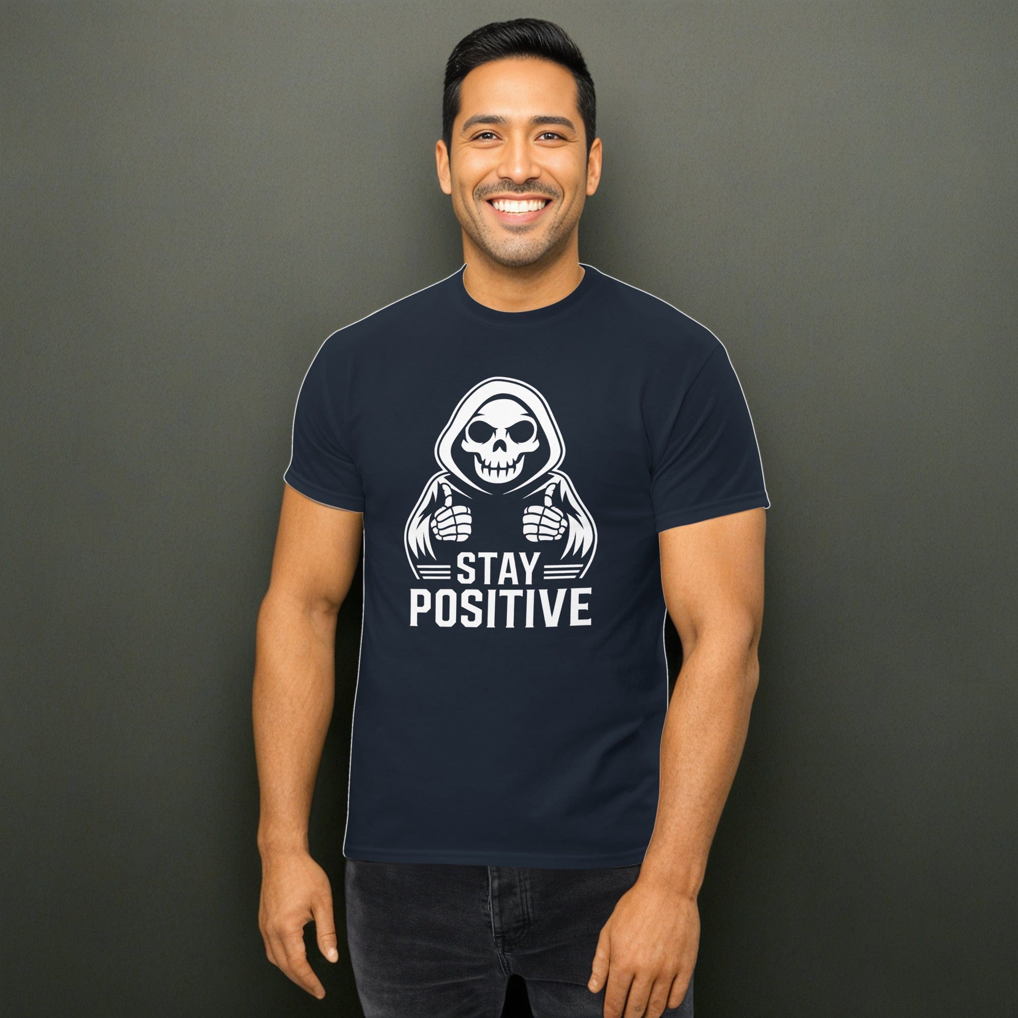 Navy / S Stay Postive Grim Reaper Funny Goth Unisex T-Shirt 2670354_11561