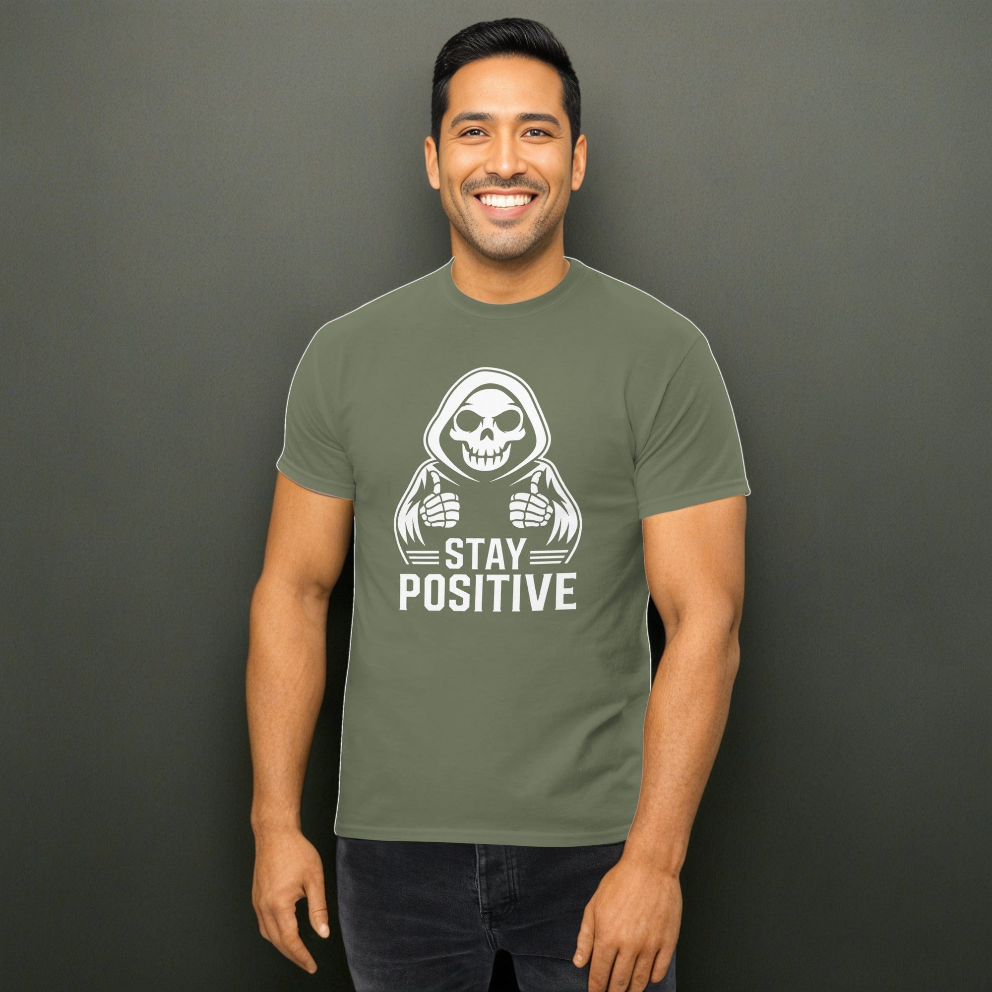 Military Green / S Stay Postive Grim Reaper Funny Goth Unisex T-Shirt 2670354_15867