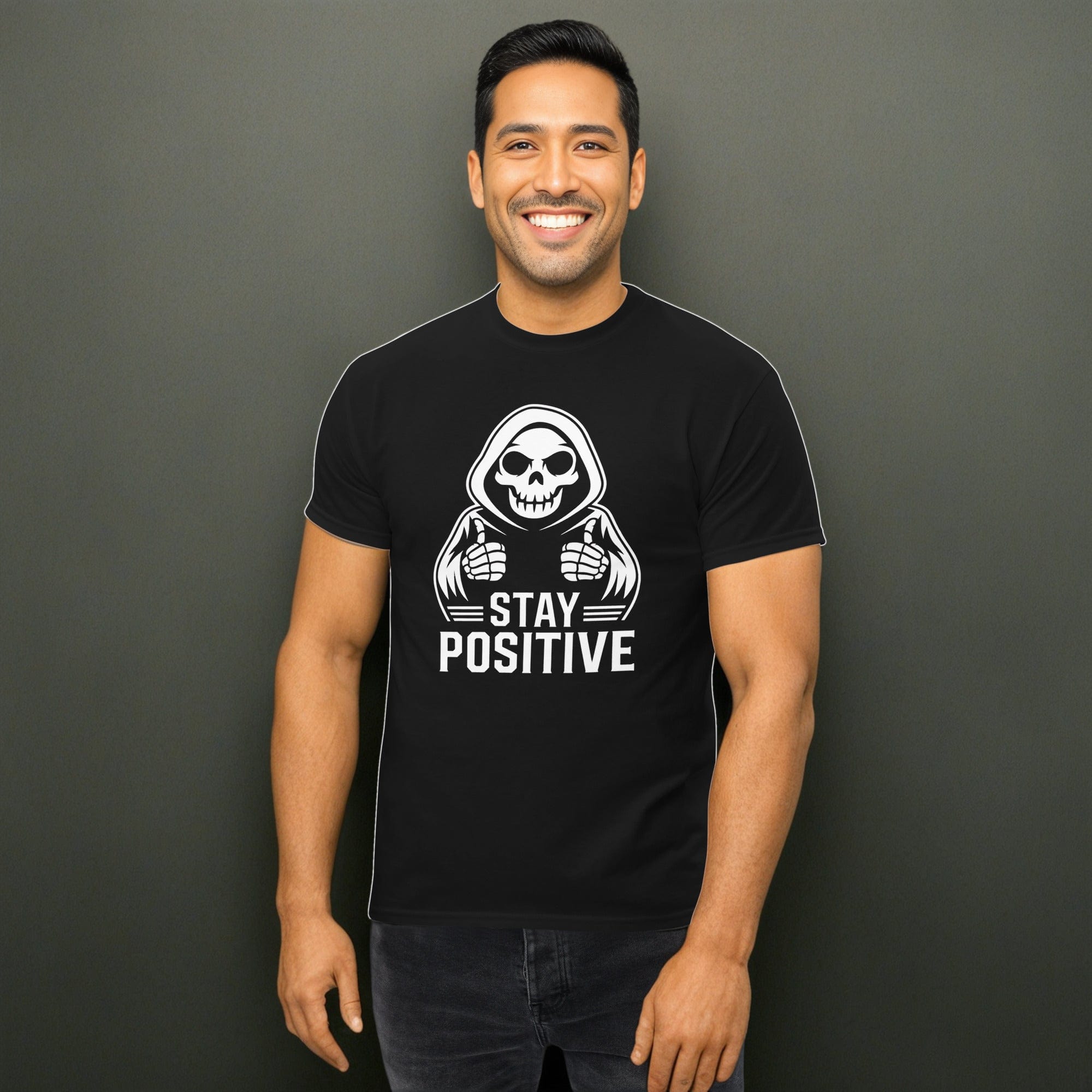 Black / S Stay Postive Grim Reaper Funny Goth Unisex T-Shirt 2670354_11546
