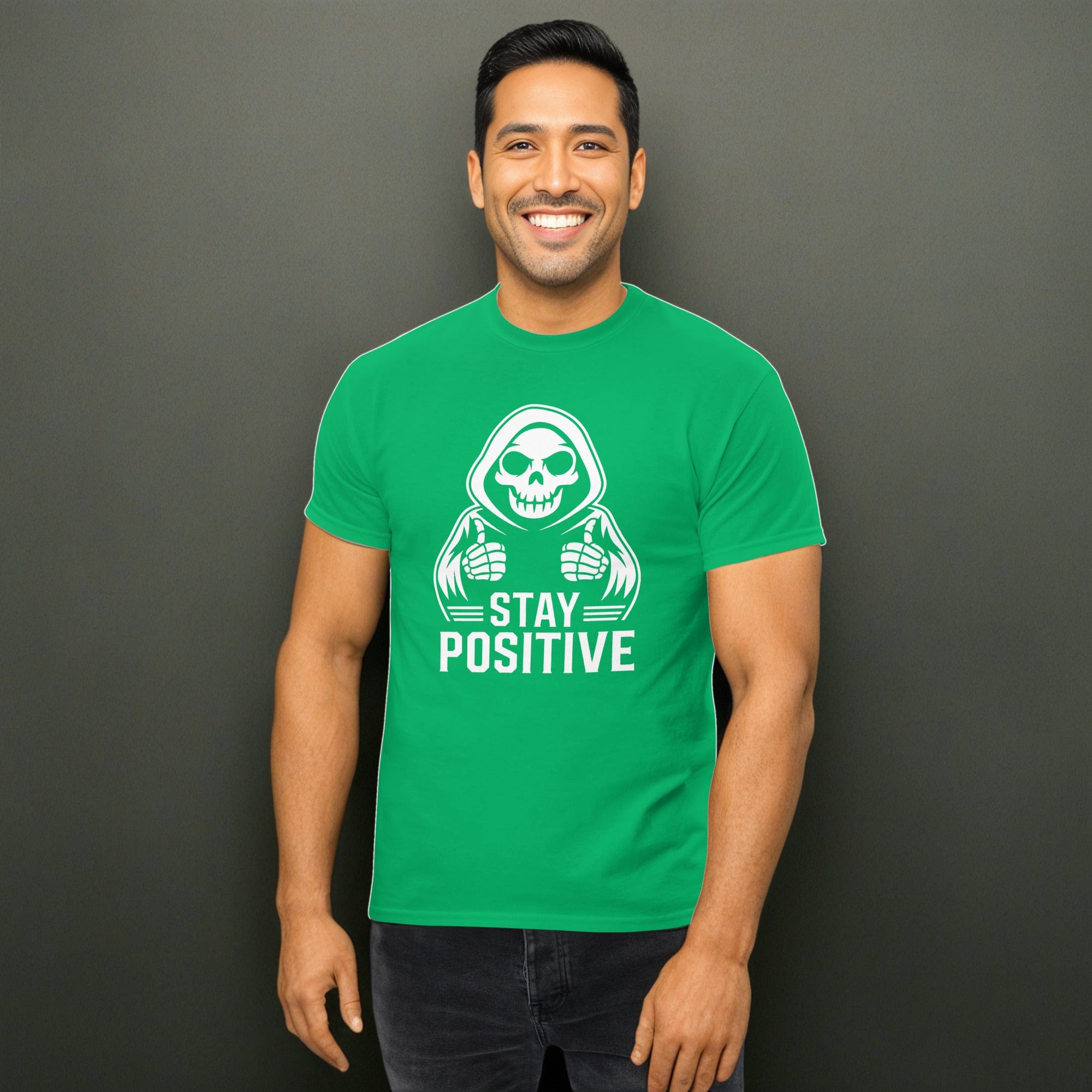 Irish Green / S Stay Postive Grim Reaper Funny Goth Unisex T-Shirt 2670354_15855