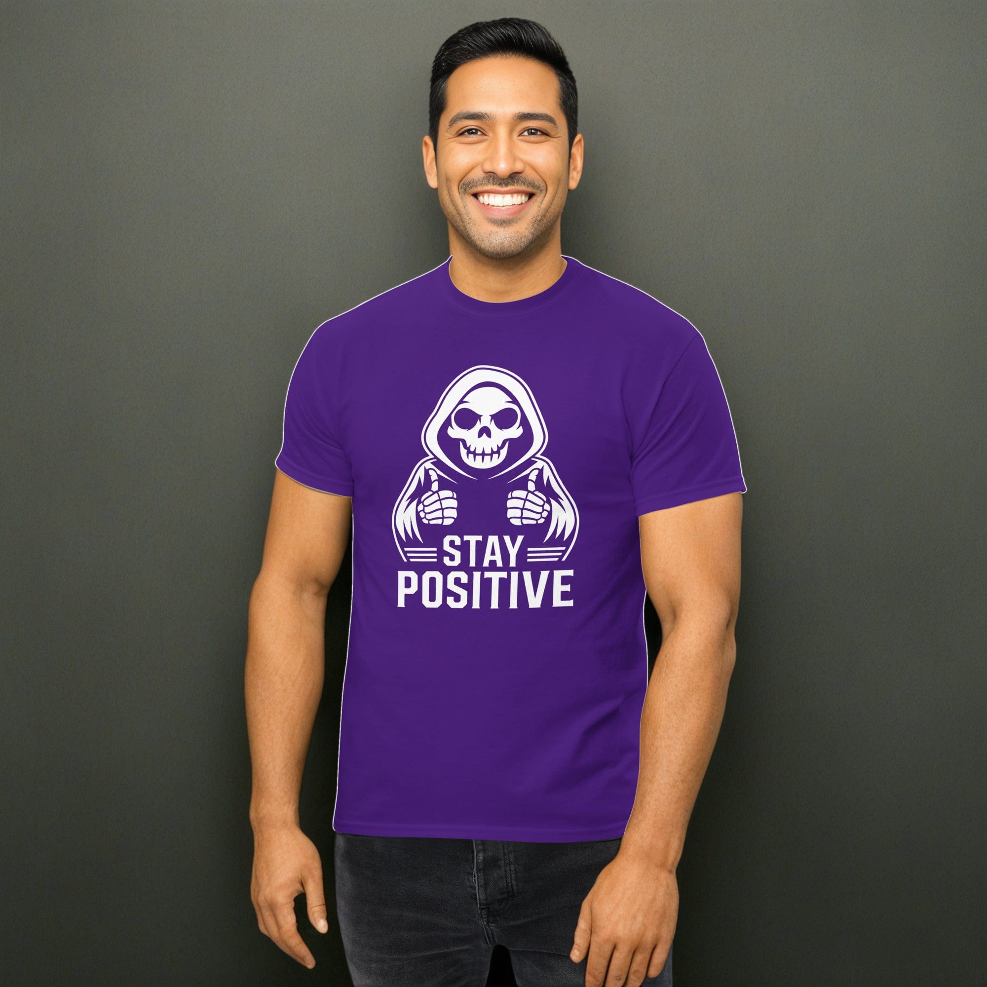 Purple / S Stay Postive Grim Reaper Funny Goth Unisex T-Shirt 2670354_15873
