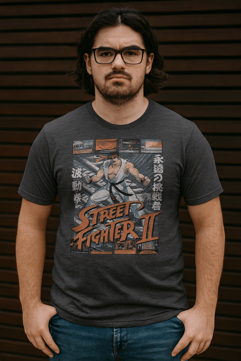 Street Fighter Ryu W Various Game Scenes Heather T-Shirt MALE MODEL STR5251S, STR5251M, STR5251L, STR5251XL, STR5251XXL, STR5251XXXL, STR5251XXXXL, STR5251XXXXXL