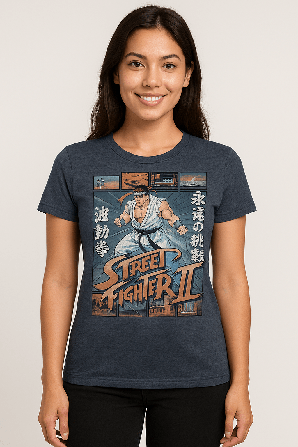 Street Fighter Ryu W Various Game Scenes Heather T-Shirt Female Model STR5251S, STR5251M, STR5251L, STR5251XL, STR5251XXL, STR5251XXXL, STR5251XXXXL, STR5251XXXXXL