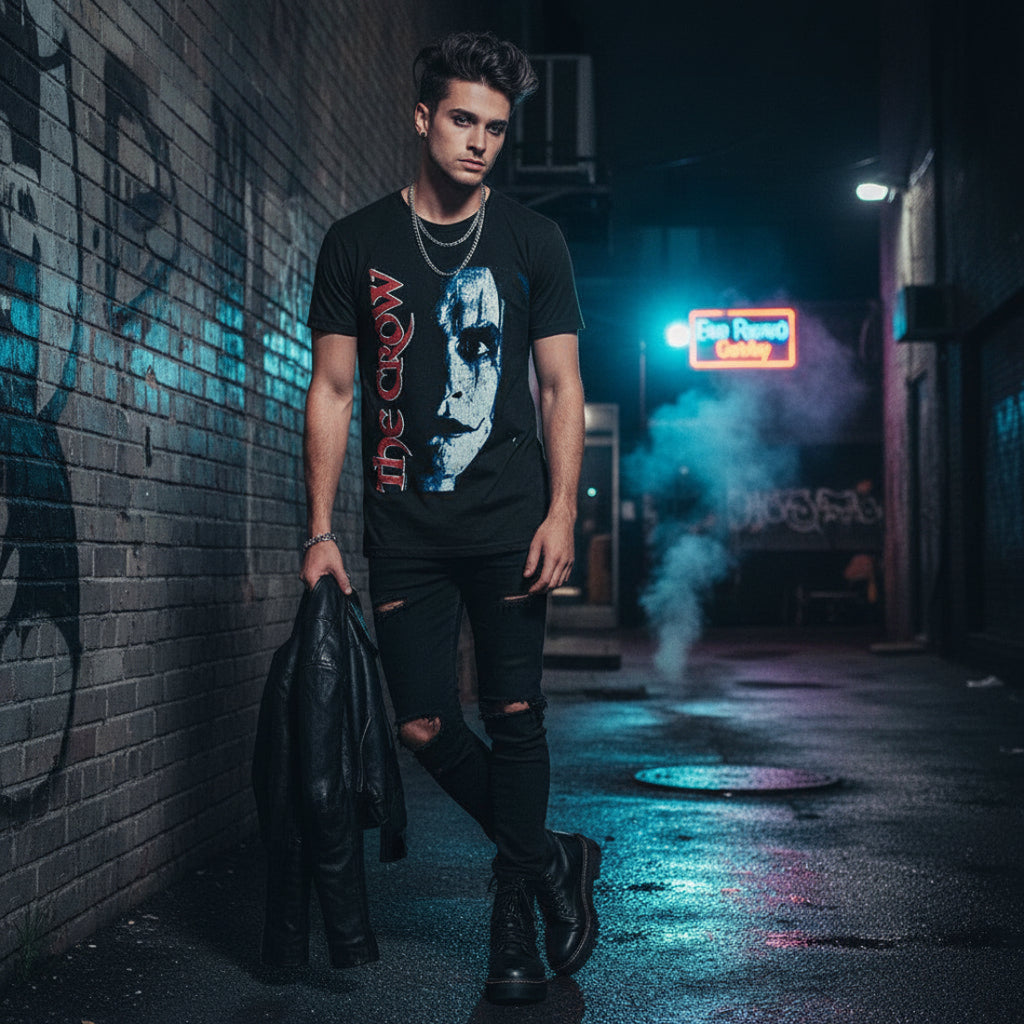 MAN WEARING Black t-shirt with 'The Crow' graphic design featuring a stylized face and text. TCW503S, TCW503M, TCW503L, TCW503XL, TCW503XXL, TCW503XXXL, TCW503XXXXL, TCW503XXXXXL