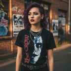 WOMAN WEARING Black t-shirt with 'The Crow' graphic design featuring a stylized face and text. TCW503S, TCW503M, TCW503L, TCW503XL, TCW503XXL, TCW503XXXL, TCW503XXXXL, TCW503XXXXXL