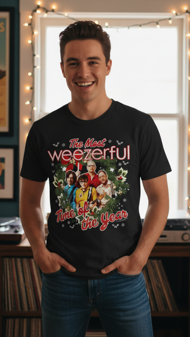 man wearing Black t-shirt with 'The Most Weezerful Time of the Year' graphic design featuring a Christmas tree and band members. WEEZ528S, WEEZ528M, WEEZ528L, WEEZ528XL, WEEZ528XXL, WEEZ528XXXL, WEEZ528XXXXL, WEEZ528XXXXXL