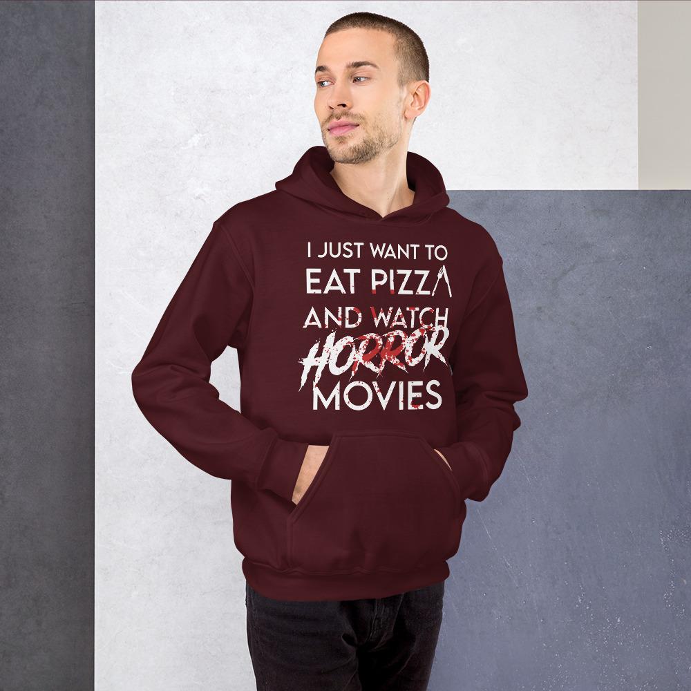 Maroon / S Eat Pizza and Watch Horror Movies Pullover Hoodie 8070668_5586