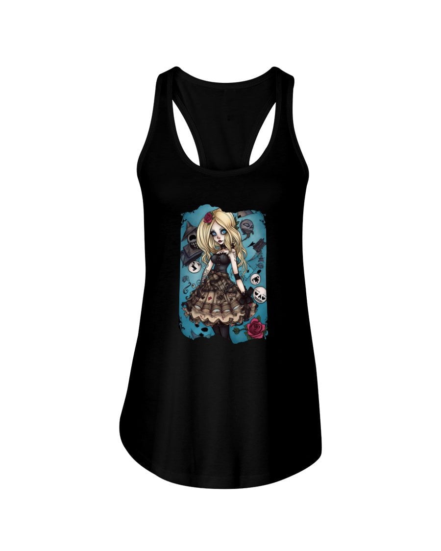 Black / XS Gothic Inked Alice in Wonderland Women's Racerback Tank Top FUEL-55BB39E