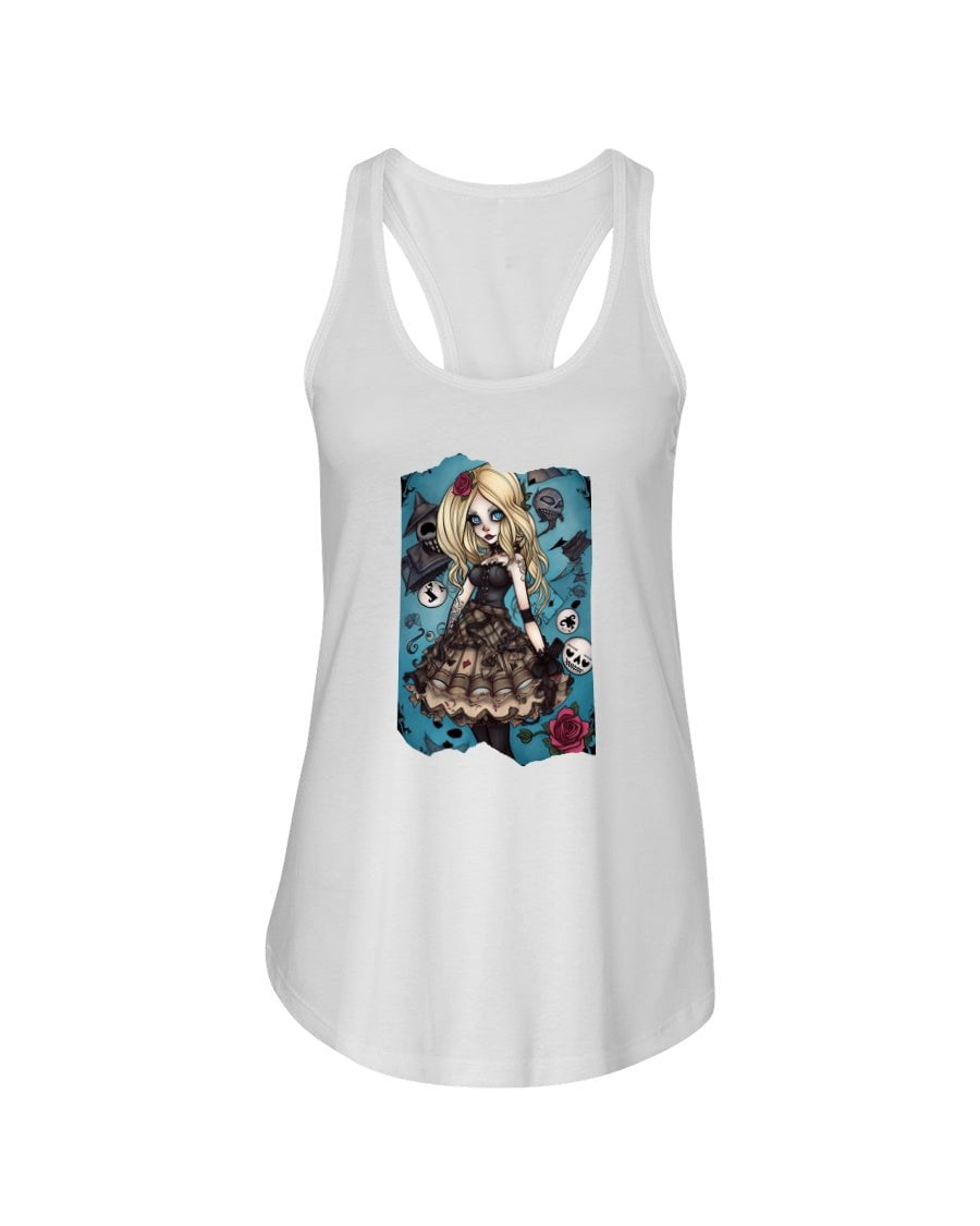 White / XS Gothic Inked Alice in Wonderland Women's Racerback Tank Top FUEL-BBF5378