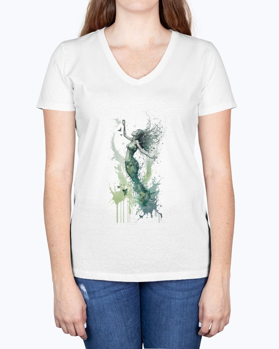 White / XS Mermaid Watercolor Splash Women's V Neck T-Shirt FUEL-0591A3E