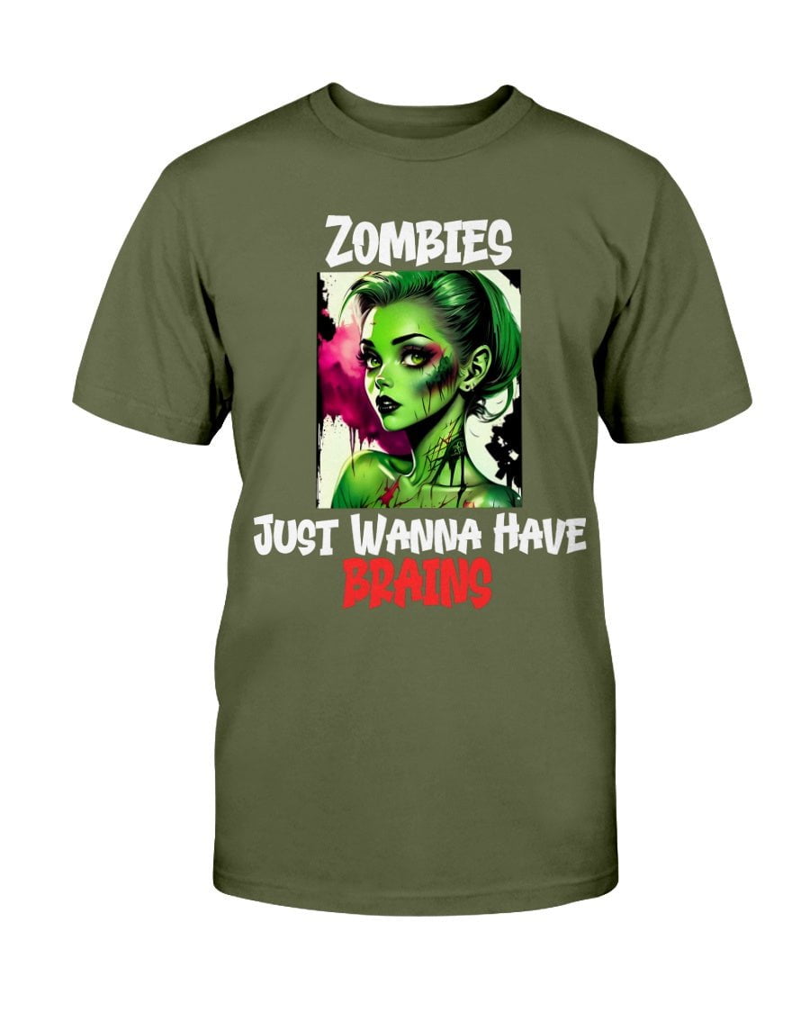 Olive / XS Zombies Just Wanna Have Brains Unisex Slim Fit T-Shirt FUEL-8FF59CC